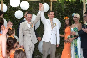 Same Sex Weddings Gay couple happy after saying vows at The Sepulveda Home in San Pedro