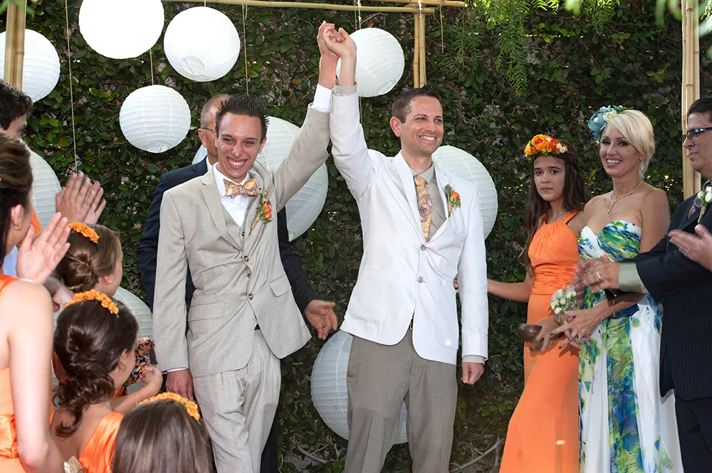 Same Sex Weddings Gay couple happy after saying vows at The Sepulveda Home in San Pedro